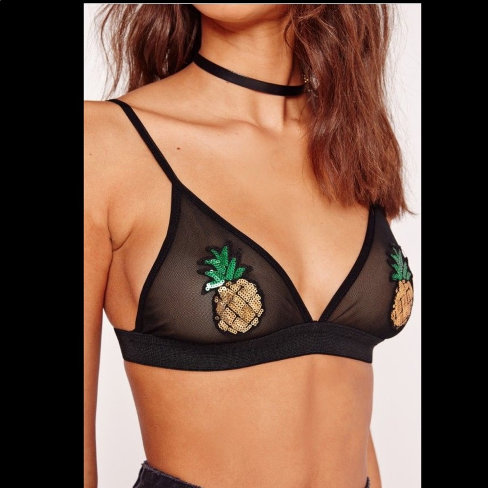 Pineapple Applique Black Mesh Bralette NWT